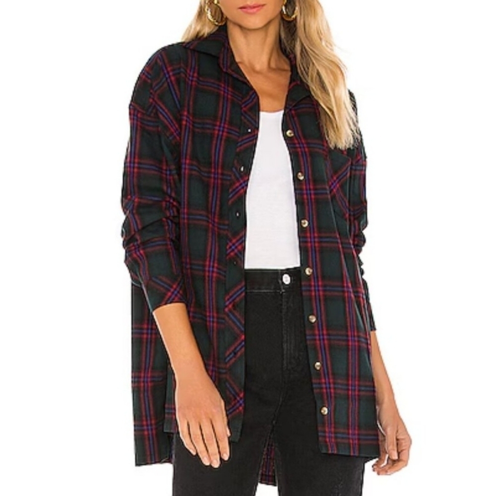 Lovers + Friends Top‎ Medium Red & Black Plaid Oversized Button Up Shirt Relaxed